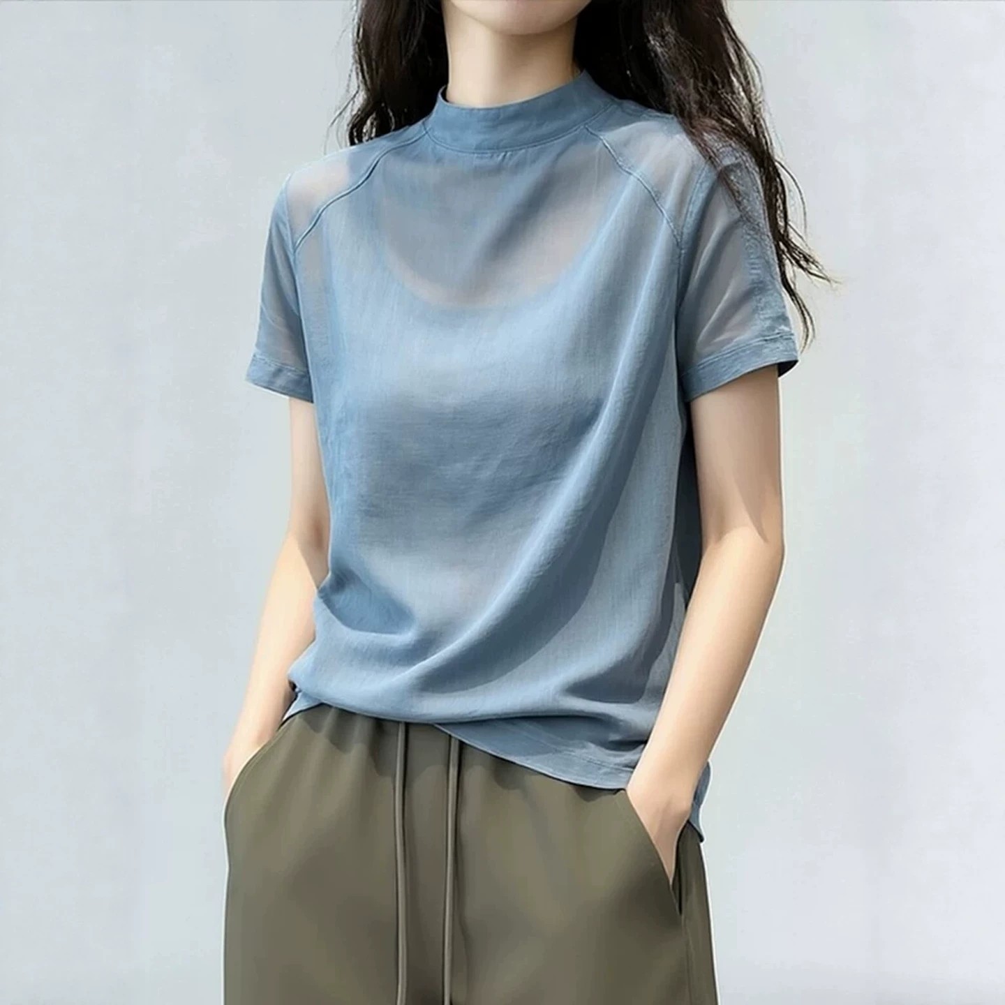 韩版蓝色立领短袖T恤女2026夏季薄款大码胖MM时尚减龄体恤上衣潮