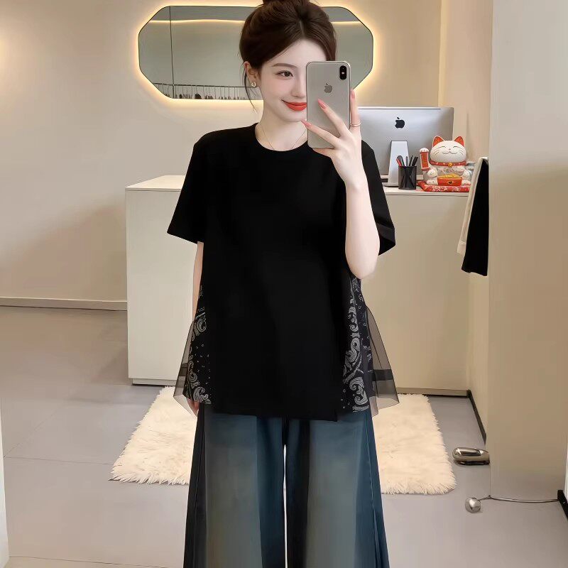 黑色网纱拼接假两件短袖t恤女2026夏大码胖mm时尚气质高级感上衣