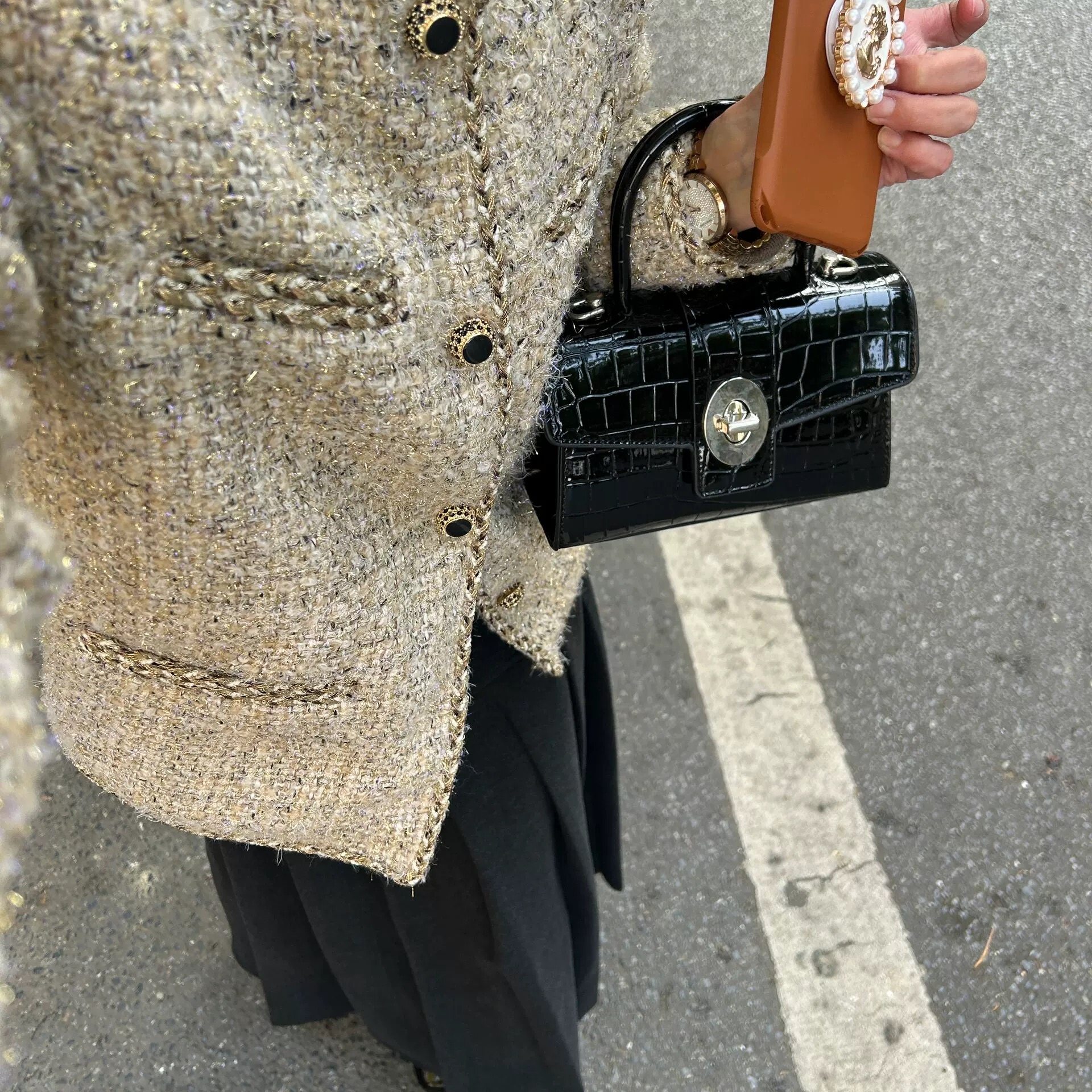 甜酷辣妹鳄鱼纹漆皮包包高级质感手提小方包2026新款机车斜挎包女