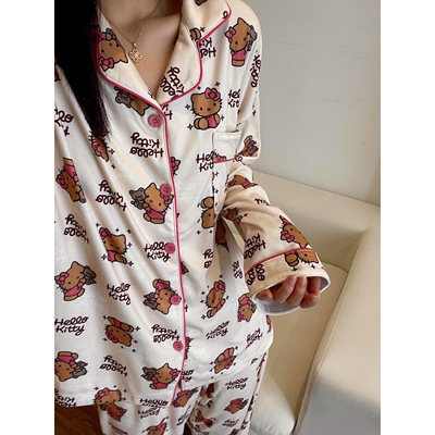可爱卡通小熊HelloKitty睡衣女德绒加绒保暖长袖可外穿家居服套装