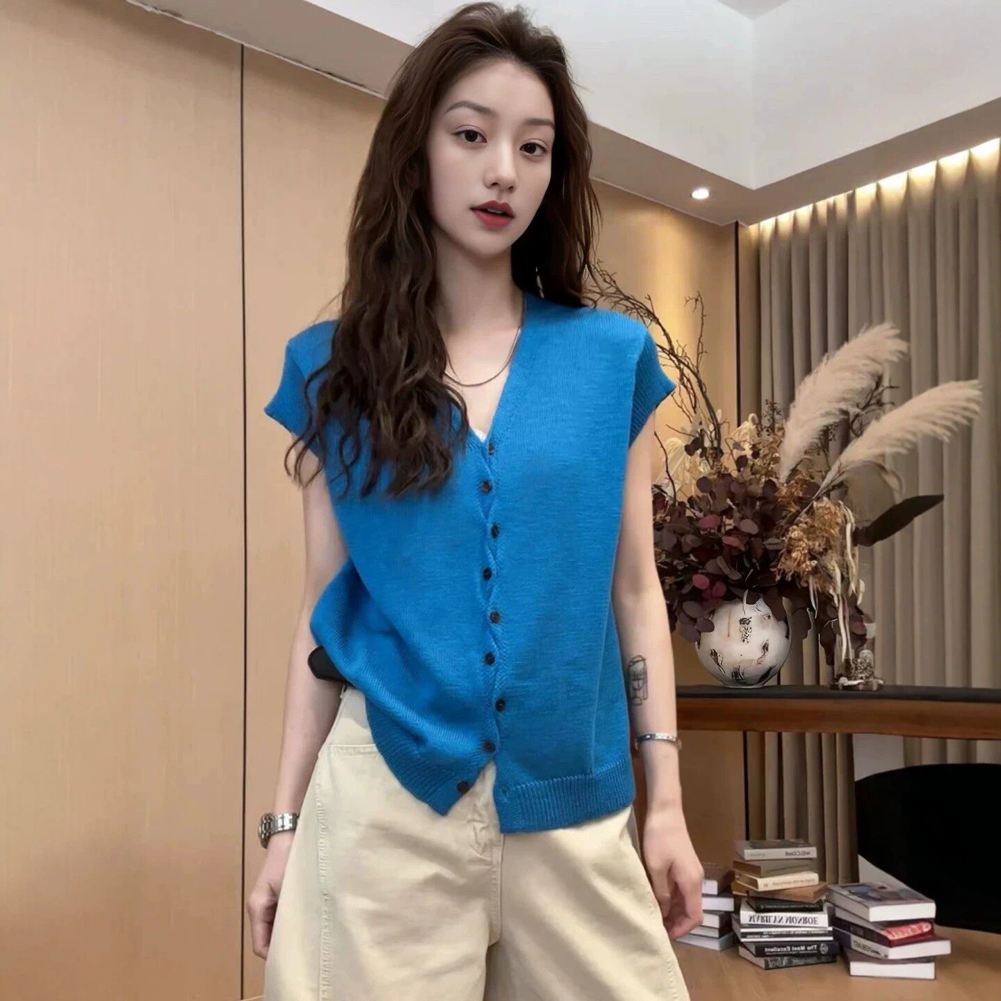 超好看蓝色短袖针织开衫女夏2026新款大码胖MM韩系设计感小众上衣