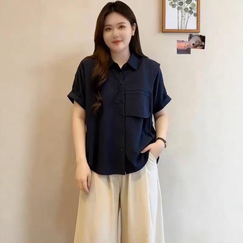 韩版简约纯色翻领短袖衬衫女2026夏季大码胖mm通勤百搭设计感上衣