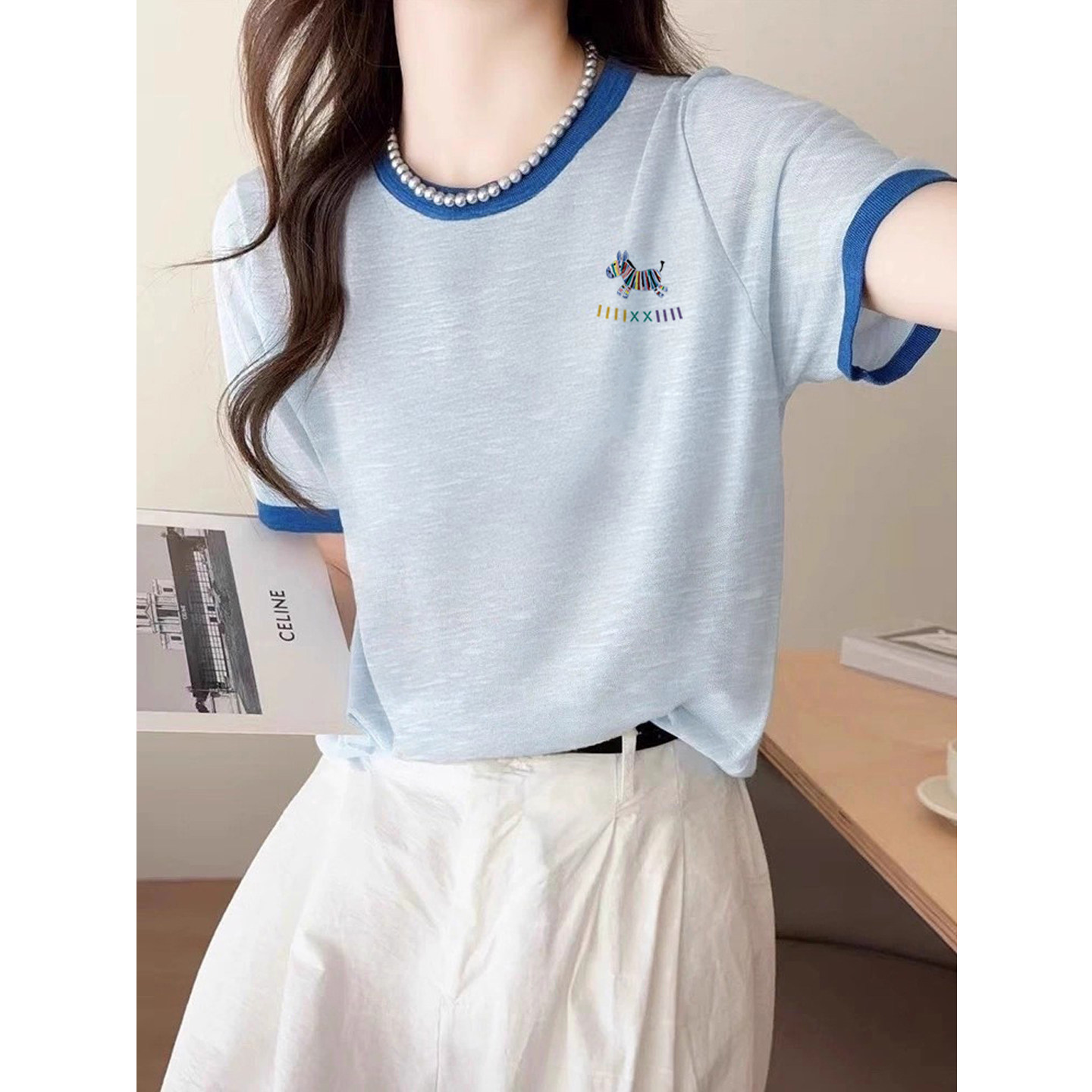 雪花棉蓝色短袖t恤女装2026新款夏季薄款韩系穿搭宽松慵懒风上衣