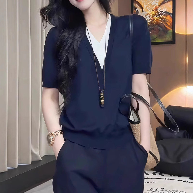 大码撞色假两件V领冰丝针织衫女夏季胖mm宽松显瘦韩系高级感上衣