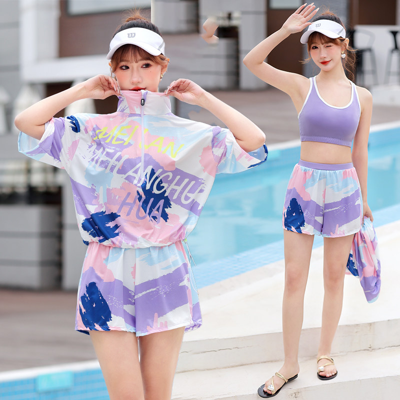 2025新款泳衣女两件式平角运动三件套装短袖防晒女孩遮肚显瘦罩衫