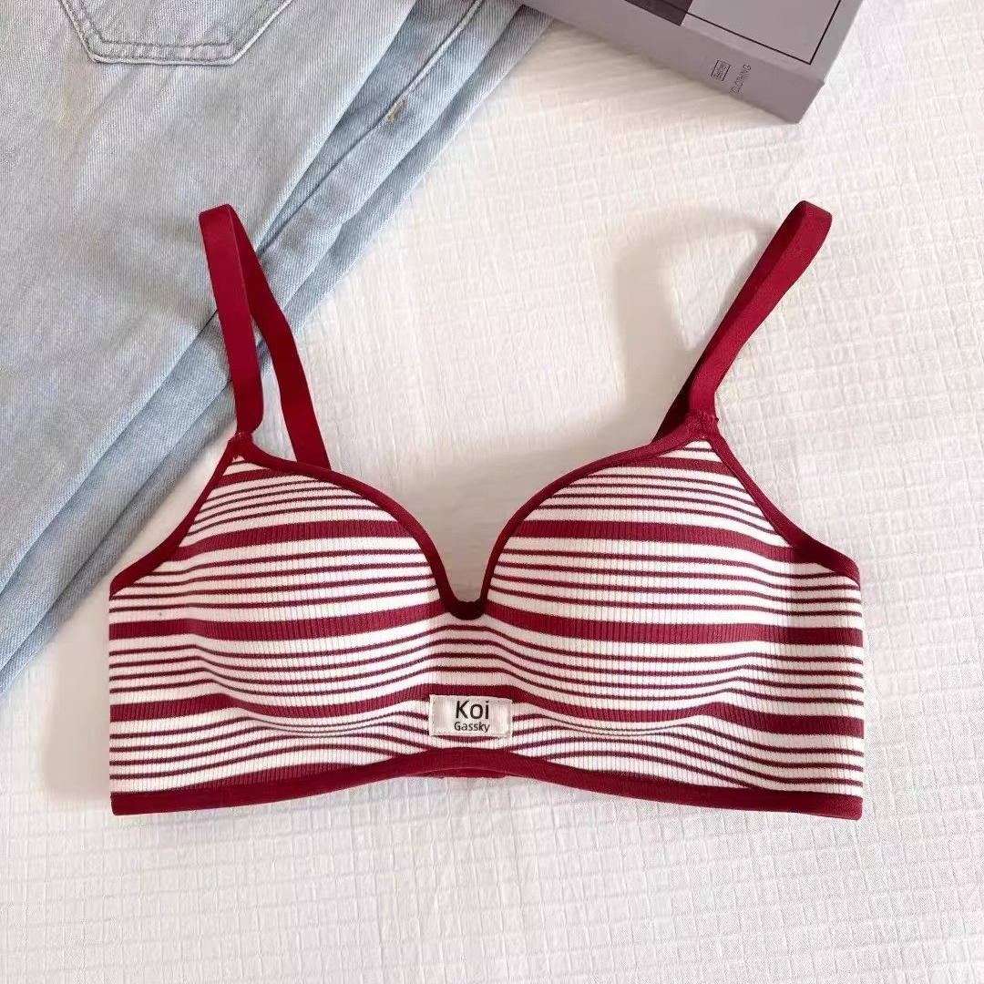 CHAO级推荐~条纹撞色女本命年红内衣小胸聚拢收副乳加厚显大文胸