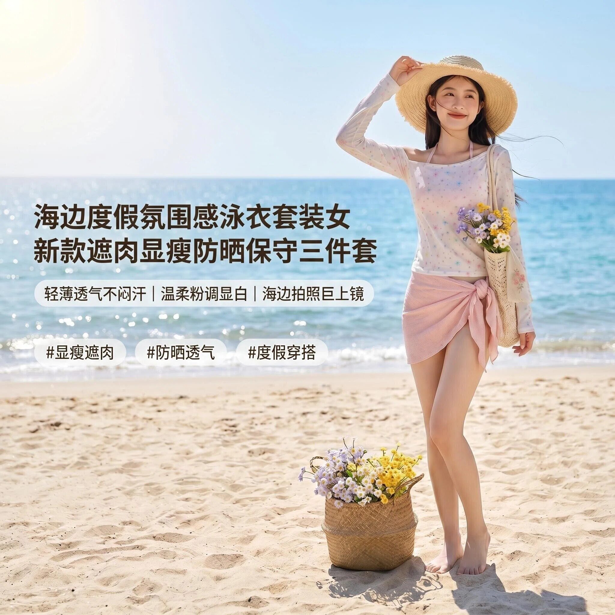 粉色比基尼高级感沙滩泳装纯欲分体显瘦裙式女生爆款游泳夏季泳衣
