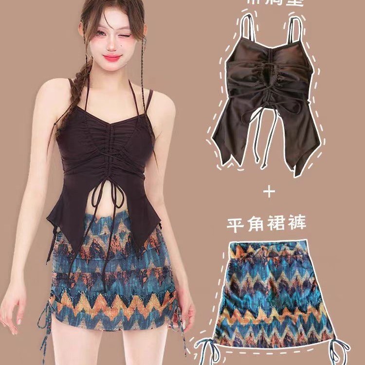 性感比基尼分体三件套bikini游泳衣女海边度假网红保守遮肚大码