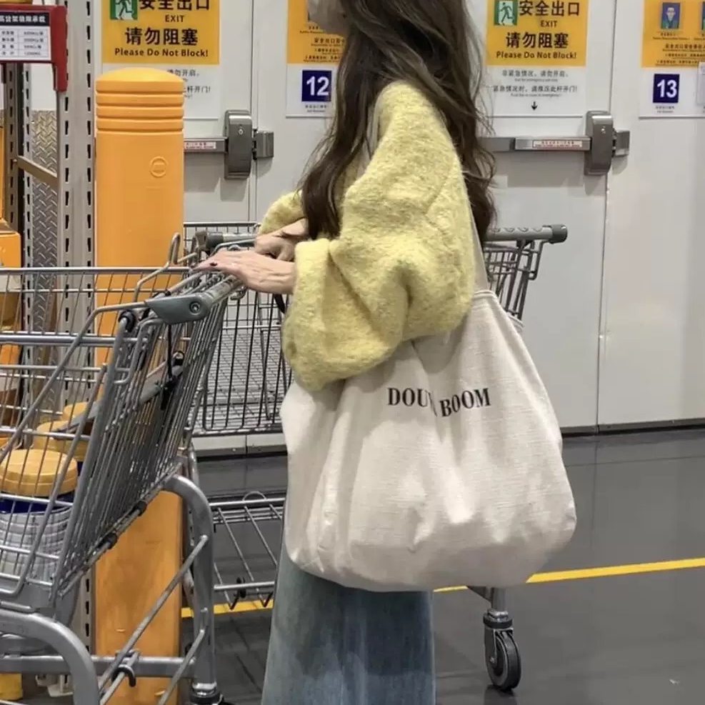 韩风ins简约字母帆布包慵懒风托特包购物袋大容量棉麻布包布袋女