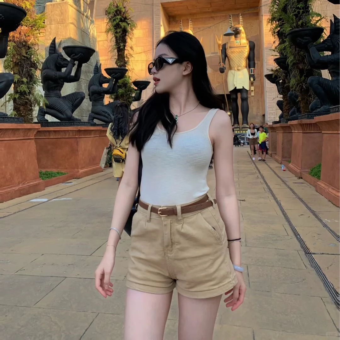 卡其色牛仔短裤女夏季辣妹设计感褶皱高腰显瘦弹力阔腿a字短裤子