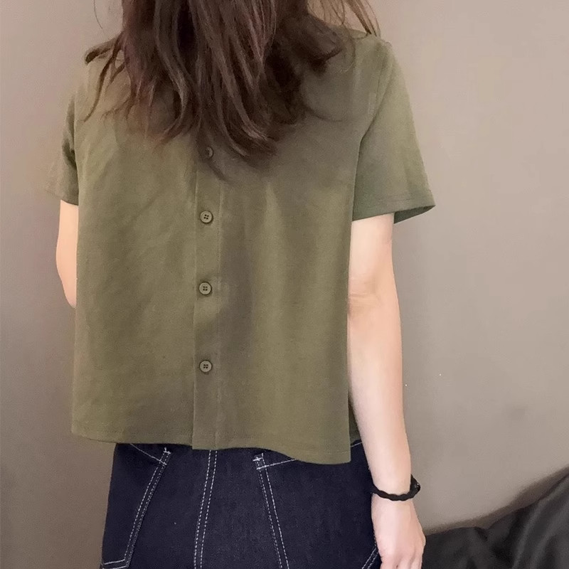 大码绿色圆领正肩短袖T恤女2026夏季新款胖mm宽松设计感纽扣上衣