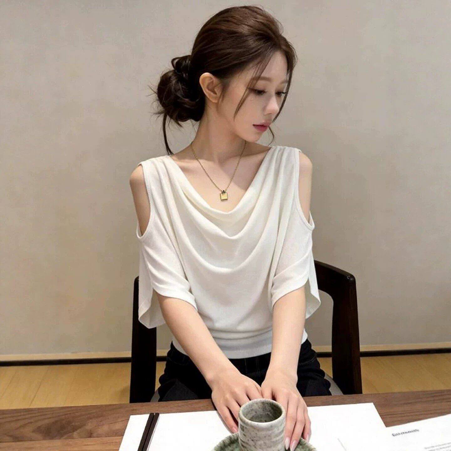 温柔风荡领露肩短袖t恤女2026夏季大码胖mm法式小资独特漂亮上衣