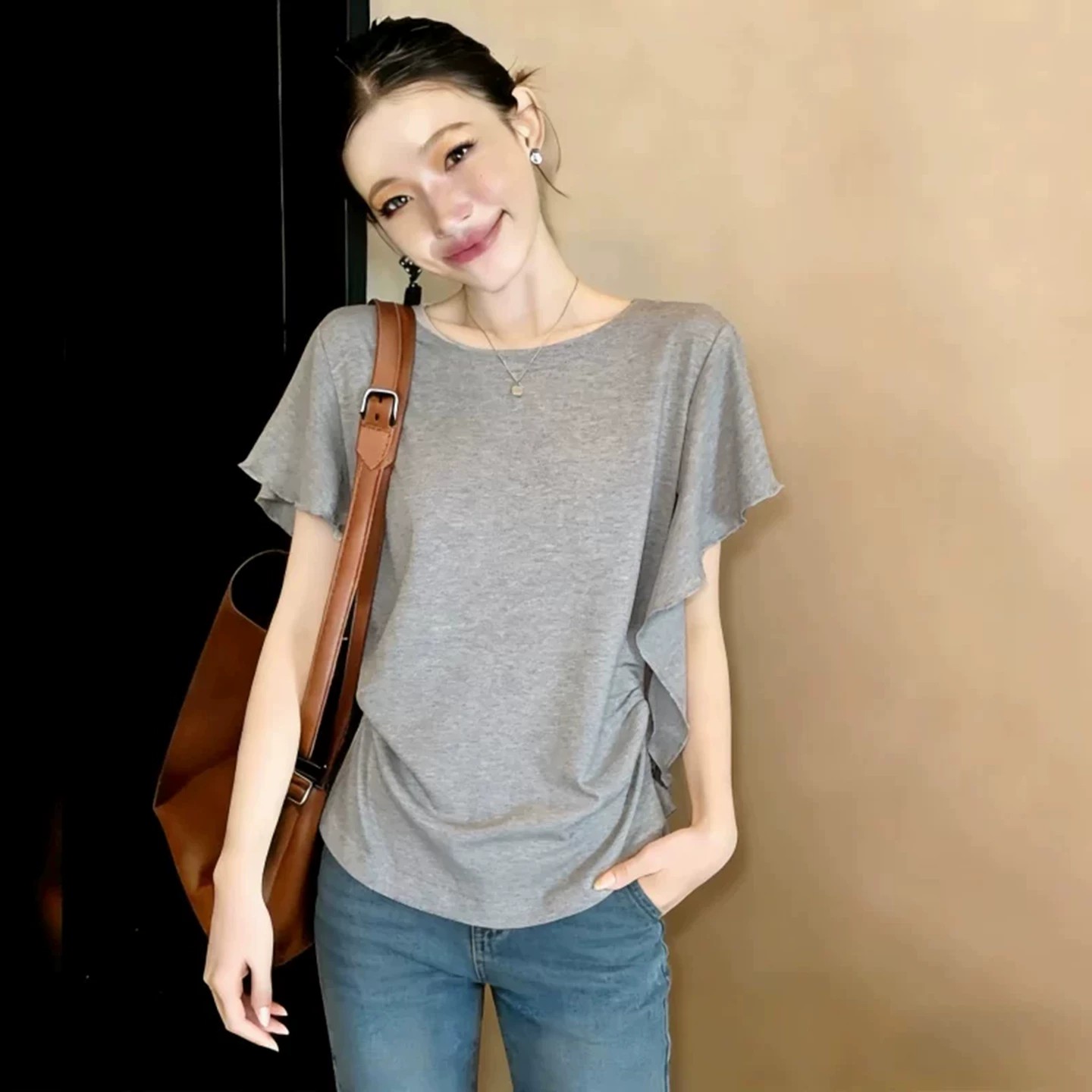 法式荷叶边正肩短袖T恤女2026夏季大码胖mm收腰显瘦遮肚绝美上衣