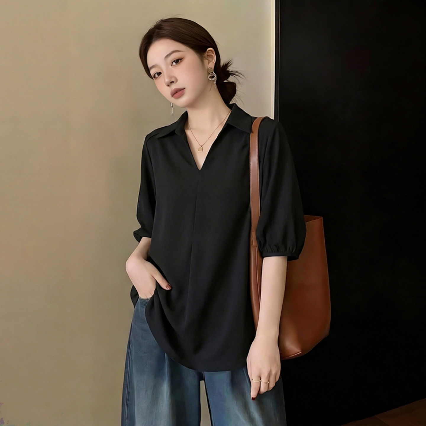 时髦黑色翻领七分袖衬衫女夏2026新款大码胖mm时尚洋气高级感上衣
