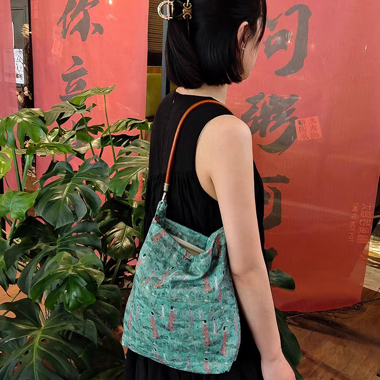 复古原创新中式佛系【有求必应】亚麻印花松弛干慵懒风单肩帆布包