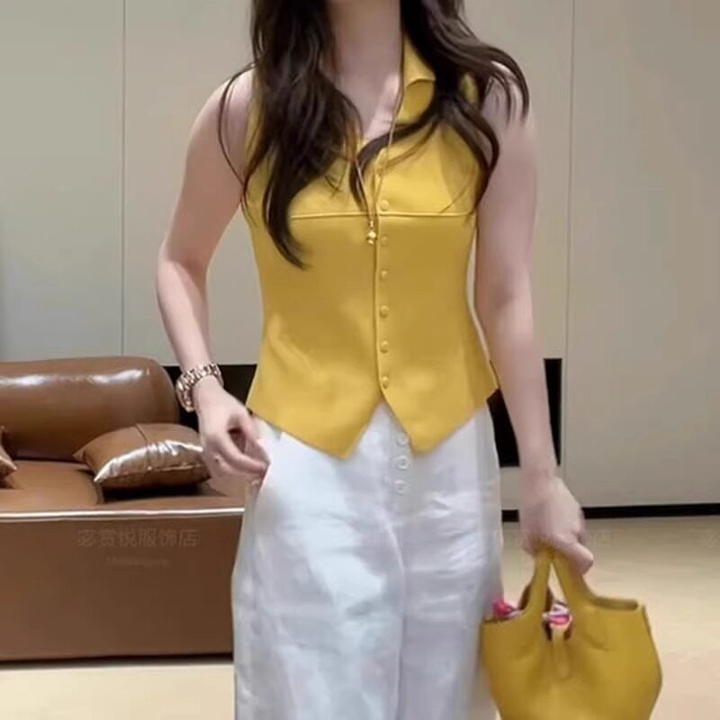 韩版多巴胺穿搭Polo领无袖针织衫女夏季大码胖mm显瘦绝美背心上衣