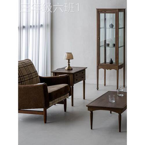 通用型家用中古风实覆木璃柜客厅靠古墙储纳展物风收玻柜子实柜木