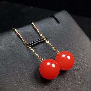 18k厚金镶嵌天然保山南红玛瑙耳环耳坠原创设计时尚潮流喜庆赤玉