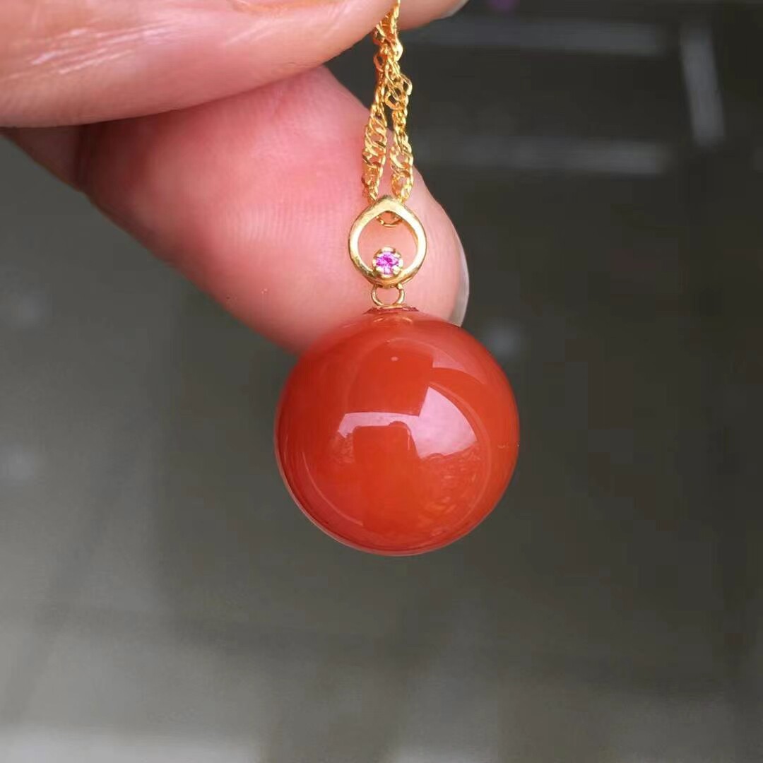 天然南红玛瑙柿子红吊坠18k金镶钻石项链挂坠时尚气质女款送妈妈