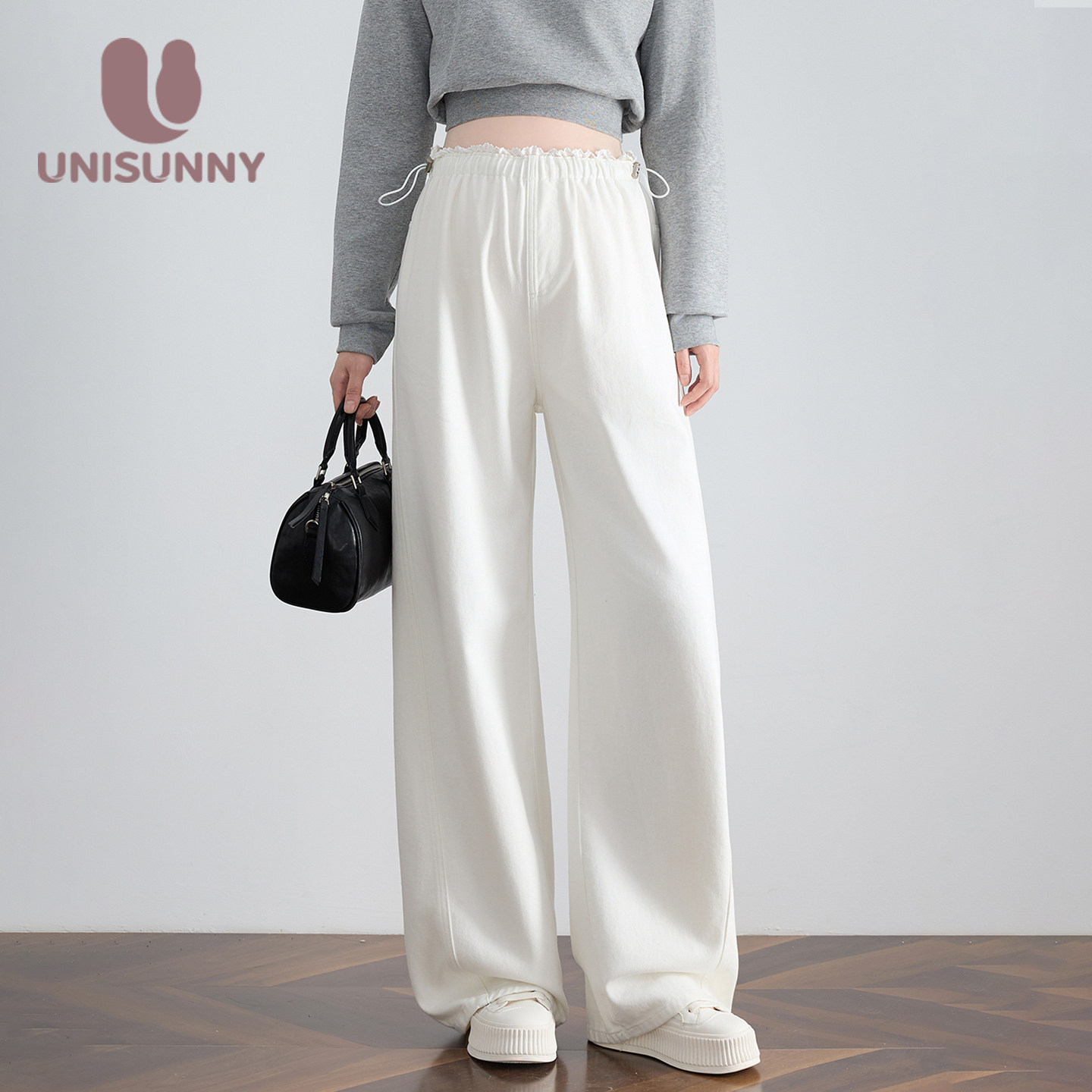 unisunny孕妇裤子秋冬加绒外穿牛仔阔腿裤孕产期长裤宽松直筒裤
