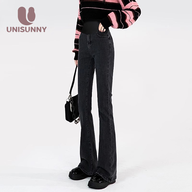 unisunny孕妇牛仔喇叭裤秋冬季外穿托腹孕期不勒肚子加绒微喇裤子