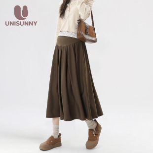 unisunny孕妇半身裙秋冬孕期不勒肚托腹秋季百褶裙子a字半裙长款