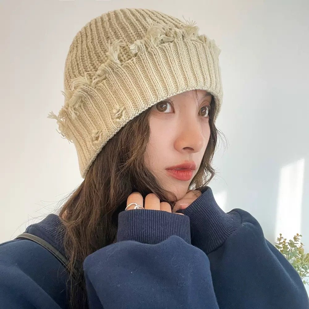 进口日系乞丐套头帽女秋新款简约破洞毛边针织冷帽做旧复古毛线帽