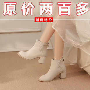 小短靴加绒马丁靴后拉链高跟鞋秋冬配裙子旗袍鞋子新中式国风靴子