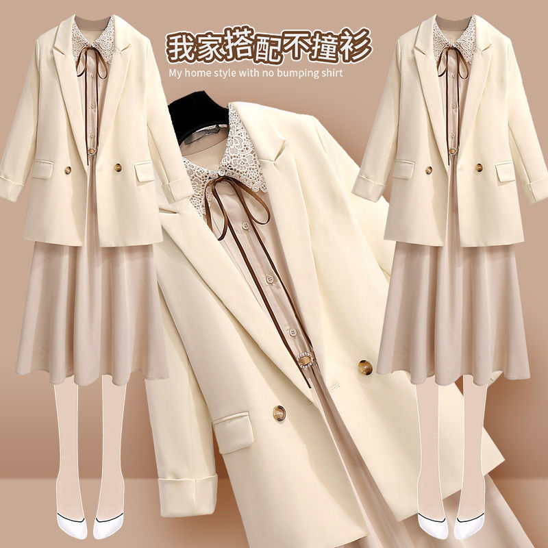 荷叶边连衣裙春秋装2023新款女长袖气质法式高端秋冬季西装两件套