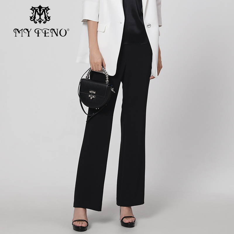 马天奴黑色显瘦时尚通勤微喇裤