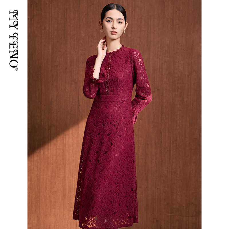 马天奴女装春秋新款酒红色蕾丝连衣裙高级喜婆婆礼裙超好看长裙子