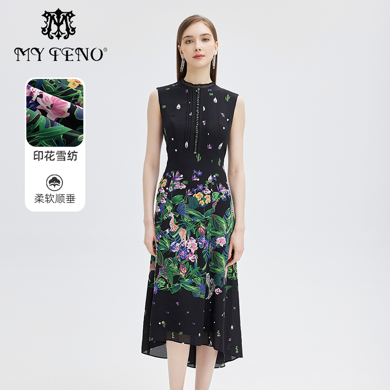 马天奴黑色印花无袖长款连衣裙