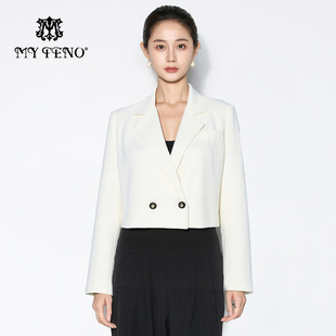 马天奴2025秋冬新款白色翻领双排扣超短款西装西服外套时尚通勤女