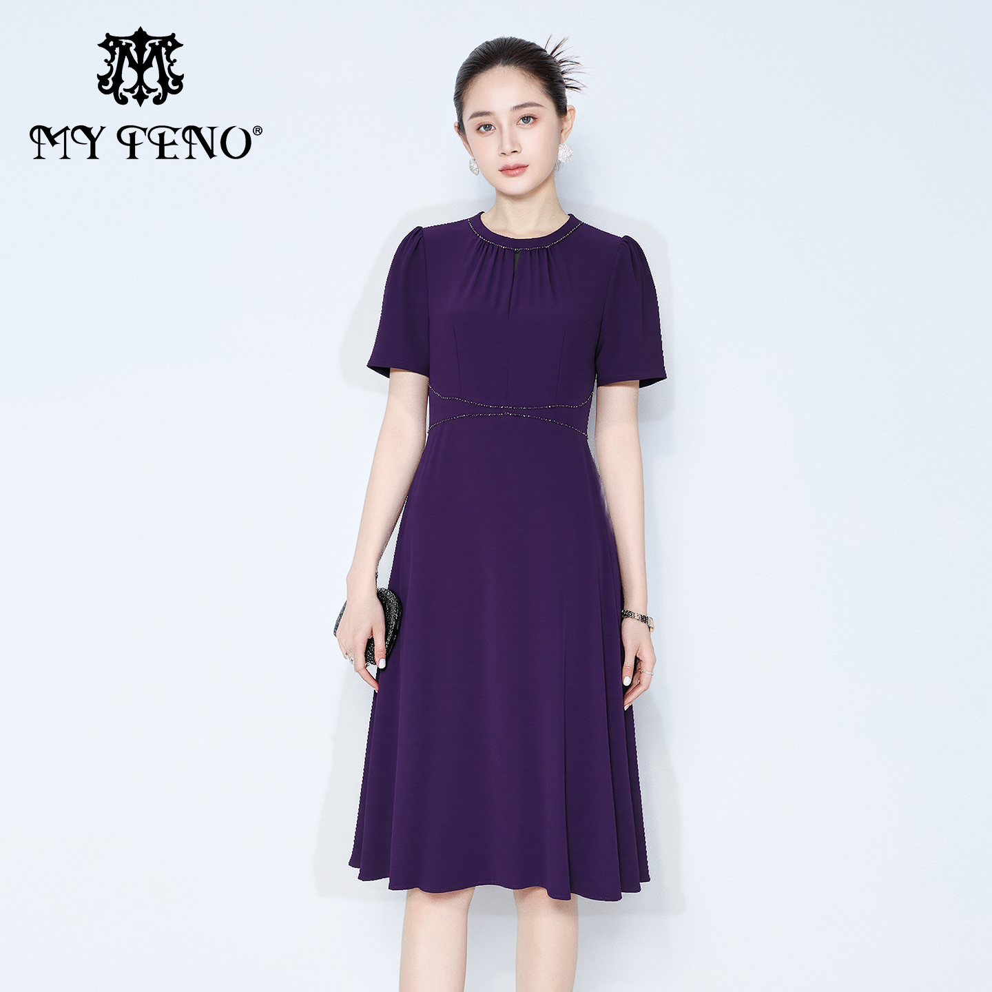 马天奴紫色钉珠收腰雪纺连衣裙