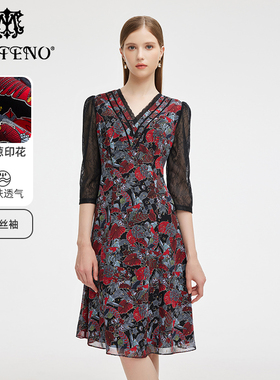 专柜正品马天奴秋冬秋冬黑色印花V领连衣裙子茶歇裙MRA244DRX0