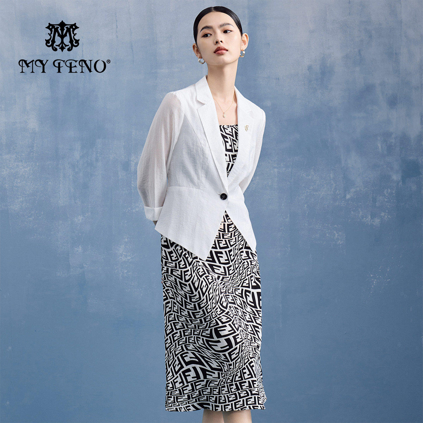 马天奴2026春夏新款黑色西装外套印花连衣裙子两件套装时尚通勤女