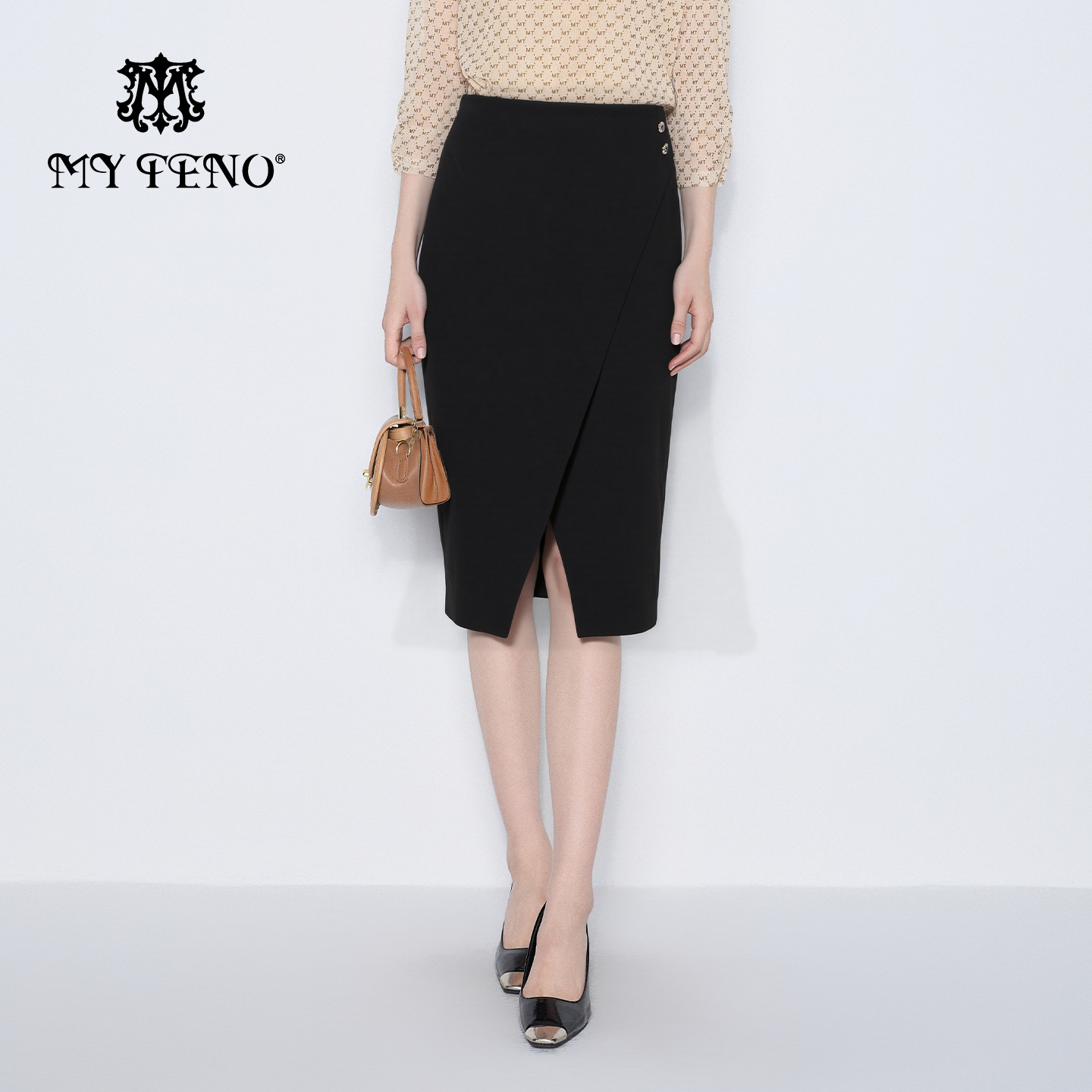 马天奴黑色高腰修身开叉半身裙