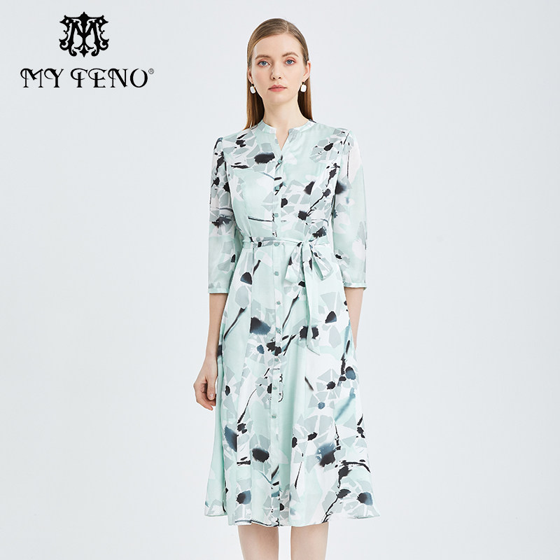 马天奴秋冬新款女装蓝色印花连衣裙子短袖收腰气质时尚度假风休闲,女装/女士精品,连衣裙,淘宝优惠券,粉丝福利购,淘宝优惠卷