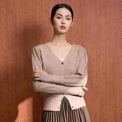 马天奴纯色V领单排扣针织开衫