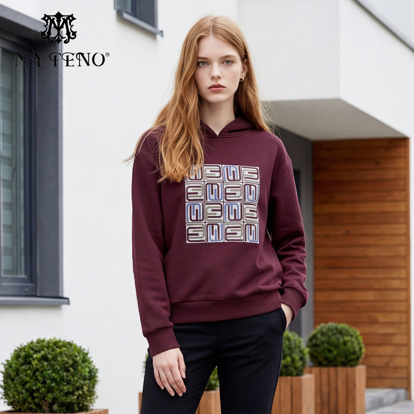 马天奴春秋红色新款纯色连帽衫加绒加厚卫衣上衣女装印花时尚流行