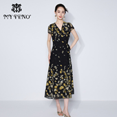 专柜正品 收腰女 黑色印花雪纺连衣裙子V领短袖 马天奴2025夏季 新款