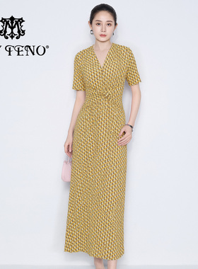 MY TENO/马天奴新款黄色印花连衣裙V领收腰短袖气质时尚度假女