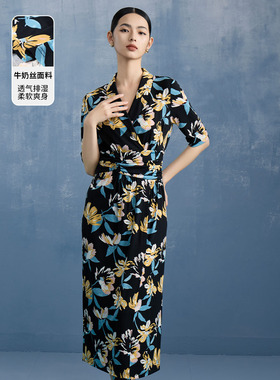 马天春夏新款黑色花朵印花翻领收腰修身五分袖连衣裙长裙子时尚