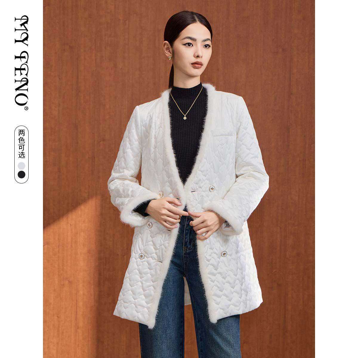马天奴秋冬新款女白色毛边V领双排扣外套蚕丝服棉衣棉服时尚百搭