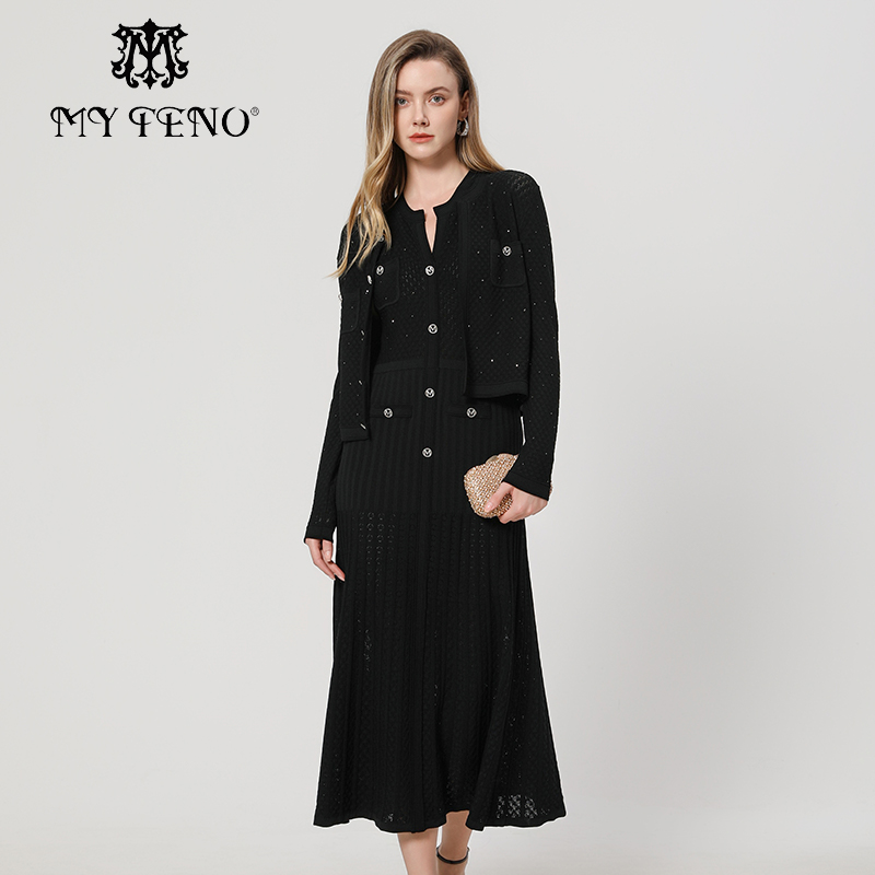 马天奴黑色提花针织收腰连衣裙