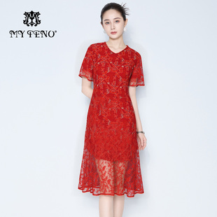 马天奴春夏新款 收腰婚庆喜宴女 红色刺绣网纱连衣裙子钉珠V领短袖