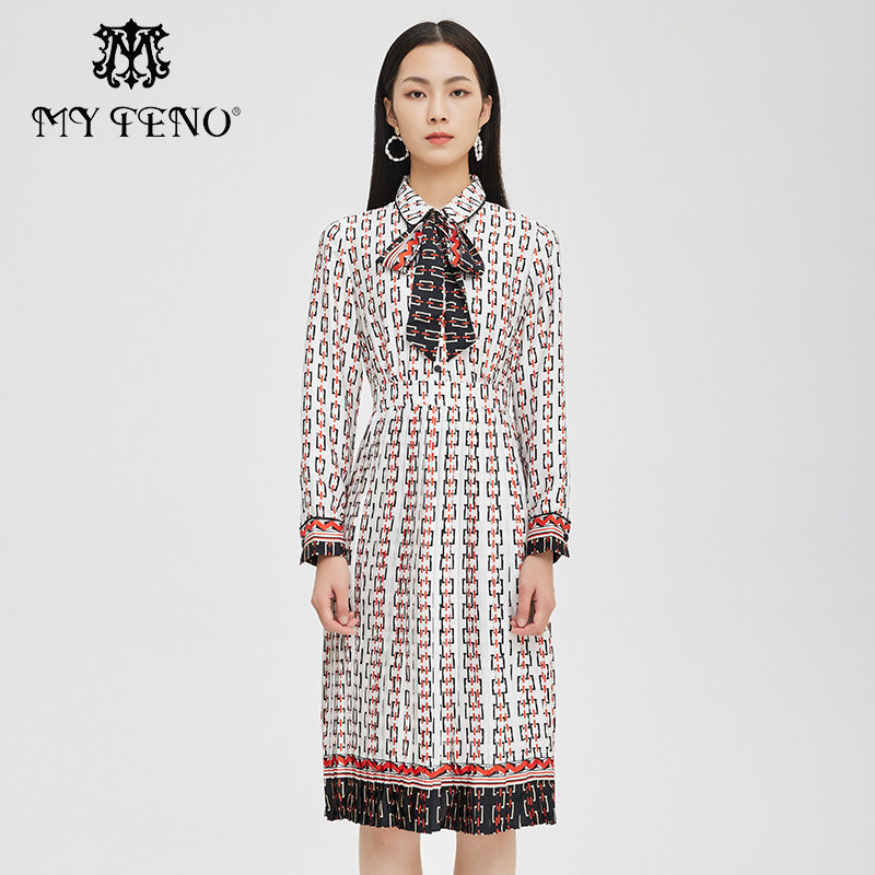 马天奴白色印花系带领连衣裙