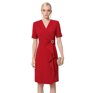 专柜正品马天奴秋红色V领婚宴连衣裙子礼裙时尚MRS209DRB0