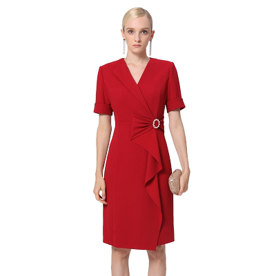 马天奴红色V领婚宴连衣裙