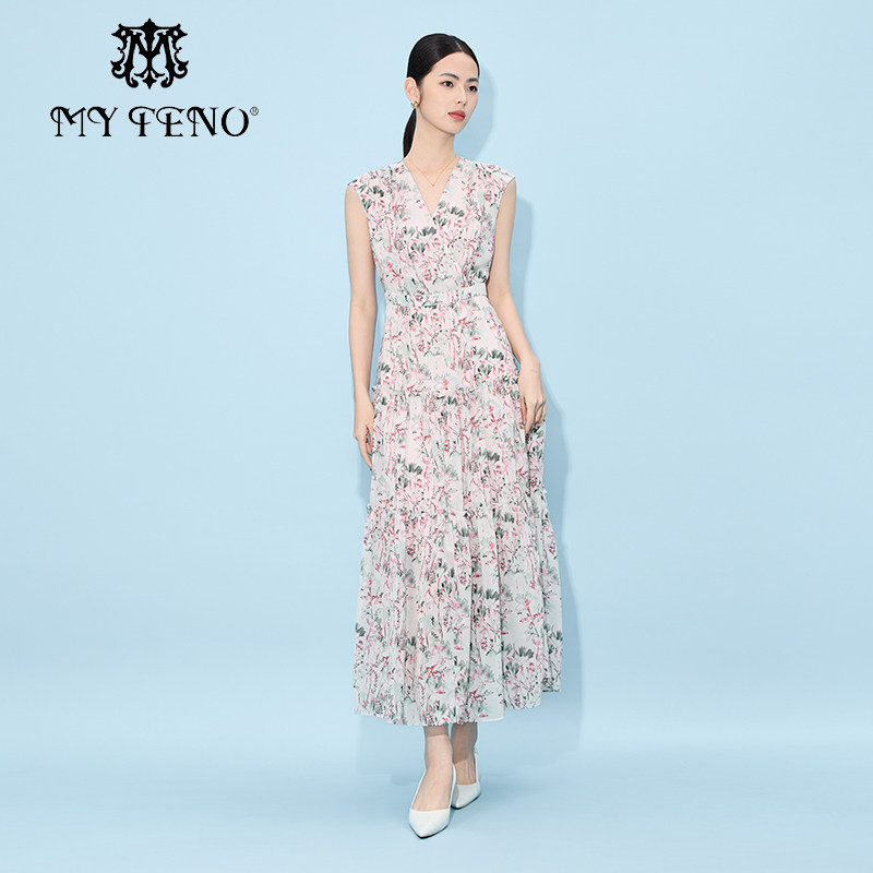 专柜正品马天奴夏季粉色印花V领连衣裙子无袖收腰长裙女时尚,女装/女士精品,连衣裙,淘宝优惠券,粉丝福利购,淘宝优惠卷